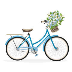 A blue lady bicycle with a flower basket - Vector illustration