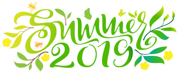 Obraz premium Summer 2019 hand written calligraphy text ornate green leaf