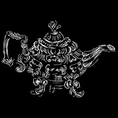 Retro teapot hand drawn, great design for any purposes. Teapot hand drawn in chinese style on black background. Retro typography. Kettle icon. Isolated vector design