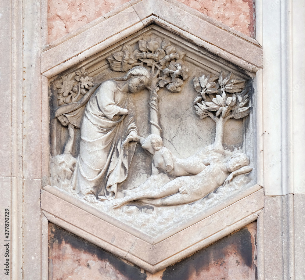 Wall mural creation of eve by andrea pisano, 1334-36., relief on giotto campanile of cattedrale di santa maria 