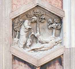 Creation of Eve by Andrea Pisano, 1334-36., Relief on Giotto Campanile of Cattedrale di Santa Maria del Fiore (Cathedral of Saint Mary of the Flower), Florence, Italy 