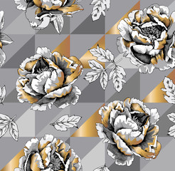 Floral seamless pattern with image of a gold peony and leaves on a triangular geometric background. Vector illustration.
