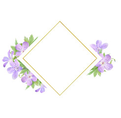 Diamond shaped frame of lilac watercolor geranium flowers isolated on white background. Perfect for logo, design, cosmetics design, package, textile
