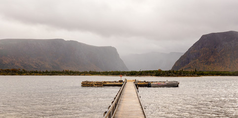 Mountain and Lake landscapes at the Western Brook Pond in Gros Morne National Park in Newfoundland,...