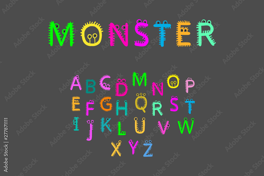 Wall mural monster hand drawn vector font in cartoon style fur and eyes alive letters