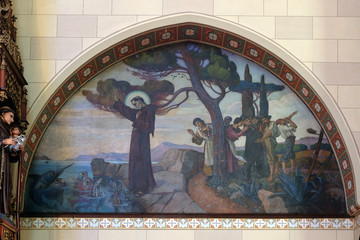 St. Anthony of Padua preaches fishes, fresco in Saint Francis of Assisi church in Zagreb, Croatia