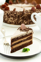 A piece of chocolate cake. Selective focus.