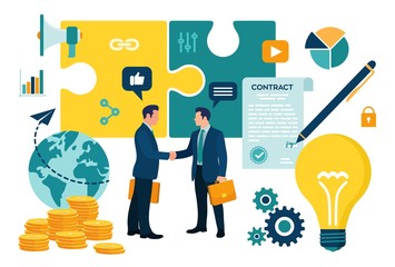 Partnership Concept. Financing of creative projects. Handshake of two business men. Agreement of parties. Signing documents. The investor holds money in ideas. Business team. Vector illustration.