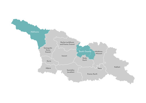 Vector isolated illustration of simplified administrative map of Georgia (country) with blue shape of territories Abkhazia and South Ossetia. Borders of the regions (grey silhouettes).