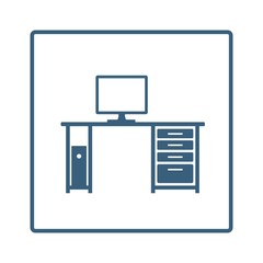 Computer desk line vector icon in a square frame isolated on a white background