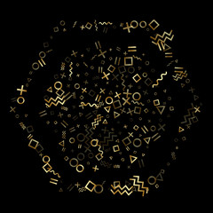 Memphis style geometric confetti vector background of triangle circle square shapes, chevron wavy lines.