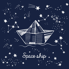 Vector illustration of  doodle paper boat sailing in cosmos among stars, magic card with constellations, lettering space ship, good night, night sky background, star dust, star map, milky way