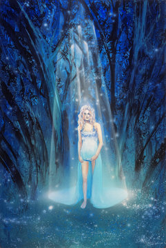 Mysterious attractive young girl with blond hair in a long white dress and open legs in the blue fantasy forest gathers the falling stars in the starlight