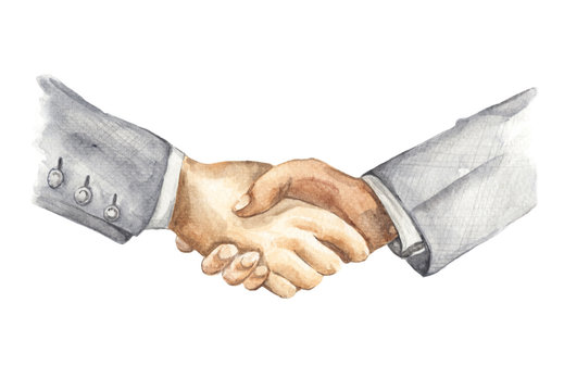 Watercolor drawing painting of businessman handshake. Two men shaking hands isolated on a white background. Business partnership meeting concept.