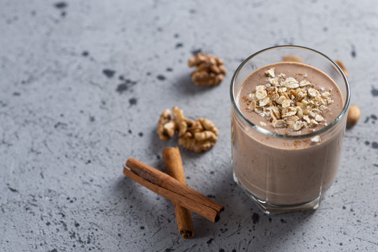Chocolate milk smoothie with oatmeal and nuts. Place for text