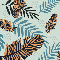 Fototapeta na wymiar Bright seamless pattern with tropical plants and leaves on yellow background. Vector design. Jungle print. Textiles and printing.