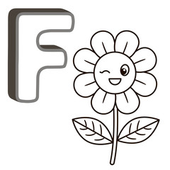 coloring book alphabet with capital letters of the English and cute cartoon animals and things. Coloring page for kindergarten and preschool. Cards for learning English. Letter F. Flower