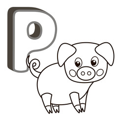 coloring book alphabet with capital letters of the English and cute cartoon animals and things. Coloring page for kindergarten and preschool. Cards for learning English. Letter P. Pig