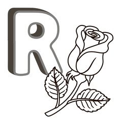 coloring book alphabet with capital letters of the English and cute cartoon animals and things. Coloring page for kindergarten and preschool. Cards for learning English. Letter R. Rose