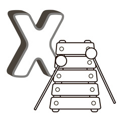 coloring book alphabet with capital letters of the English and cute cartoon animals and things. Coloring page for kindergarten and preschool. Cards for learning English. Letter X. Xylophone