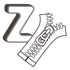 coloring book alphabet with capital letters of the English and cute cartoon animals and things. Coloring page for kindergarten and preschool. Cards for learning English.  Letter Z. Zipper