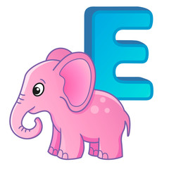 bright illustrations alphabet with capital letters of the English and cute cartoon animals and things. Poster for kindergarten and preschool. Cards for learning English. Letter E. Elephant