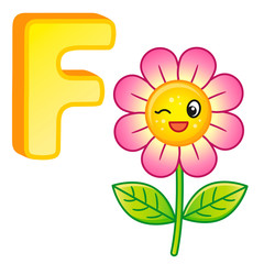 alphabet with capital letters of the English alphabet and cute cartoon illustrations. Poster for kindergarten and preschool. Cards for learning English. Letter F. Flower
