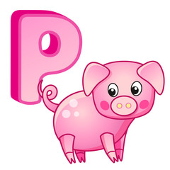 alphabet with capital letters of the English alphabet and cute cartoon illustrations. Poster for kindergarten and preschool. Cards for learning English. Letter P. Pig