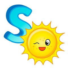 alphabet with capital letters of the English alphabet and cute cartoon illustrations. Poster for kindergarten and preschool. Cards for learning English. Letter S. Sun