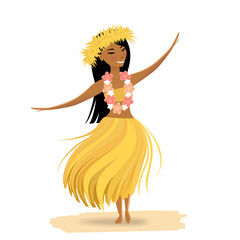 Hawaiian girl dancing hula isolated on white background. Cute polynesian dancer in costume, yellow grass skirt, hair wreath, hawaiian lei. - obrazy, fototapety, plakaty