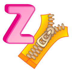 Bright illustrations alphabet with capital letters of the English and cute cartoon animals and things. Poster for kindergarten and preschool. Cards for learning English. Letter Z. Zipper