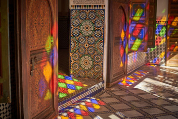 Beutifuly decorated walls and floors with the traditional Morroccan mosaic. Bahia Palace, Marrakesh, Morrocco.