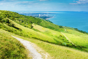 View of Eastbourne town from beachy head, East Sussex, England. View of the sea, beach, houses, selective focus