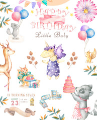 Fototapeta premium Watercolor isolated cute watercolor unicorn and sqirrel clipart. Nursery unicorns illustration. Princess unicorns poster. Trendy pink cartoon horse. Birthday invite.