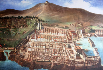 The city of Dubrovnik in medieval times, painting in the convent of the Friars Minor in Dubrovnik