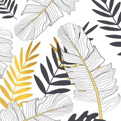 Tapeten Nahtloses Muster mit Banane und goldenen Palmblättern im Vektor © artXLabs