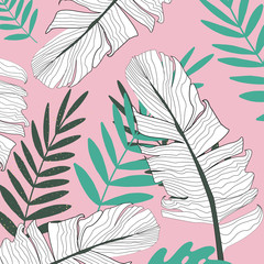 Tropical vector green leaves seamless pattern pink background. Exotic wallpaper