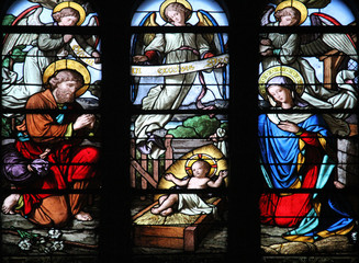 Nativity Scene, stained glass window in Saint-Eustache church, Paris, France