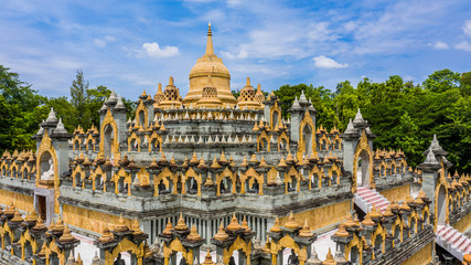 Aerial view sandstone pagoda in Wat Pa Kung Temple, Wat Prachakom Wanaram, Roi Et, Thailand.