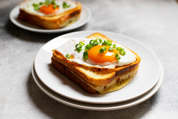 Sandwich with ham, cheese and egg. A traditional French croque-madame sandwich served on a white plate. Popular French cafe meal. Gray background. Close-up. Space for text