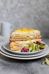 Sandwich with ham, cheese and bechamel sauce. A traditional french croque-monsieur sandwich served on a white plate. Gray background. Close-up. Front view. Space for text