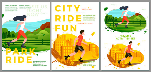 Vector summer sport posters set - rolling in park. City, forests, trees and hills on background. Print template with place for your text.