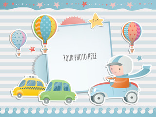 Holiday card design with  A boy driving a car.  Baby shower. Paper, scrapbook.