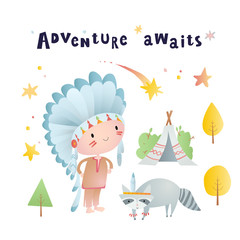 Holiday card design with: an, a wigwam, trees. Time to have an adventure. © goodreason