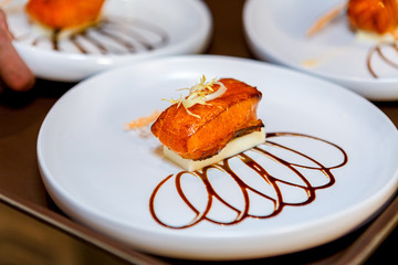 Beautifully presented dish of salmon fish and cheese. Tasty grilled salmon sauce. Appetizing and healthy food. Photo for culinary magazines, websites and backgrounds.
