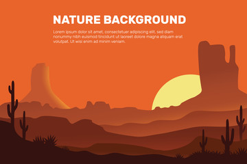 Vector background of the desert, consisting of the sun, sand, mountains and cactus.Desert trip. Extreme tourism and traveling. Back to nature.