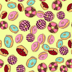Hand drawn donut seamless pattern. Pastry illustration. Vector bakery background design