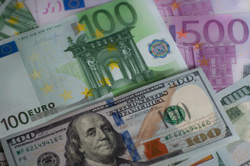 Leading currencies - US dollars and euro bancnotes. Bills. Money exchange. Money used for cash. Business background