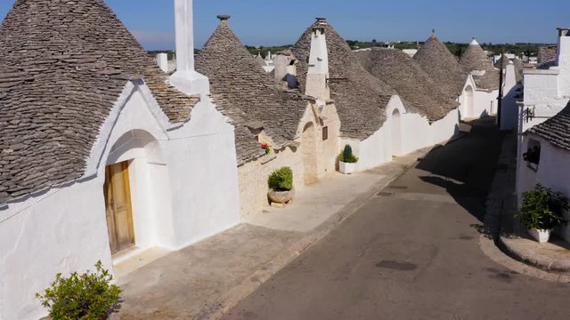 Aerial view of Alberobello Trulli near Bari in Puglia, Italy, Europe. Drone shot / bird's view.