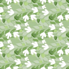 Summer herbal leaves seamless pattern on green background.